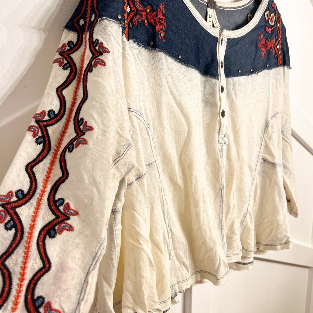 We The Free Cream and Blue Embroidered Blouse - Picture 3 of 3